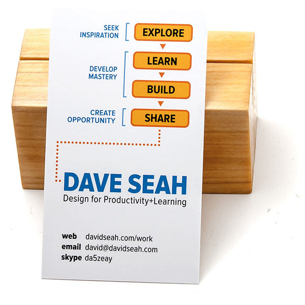 A business card leaning against a index card holder with the words "Dave Seah Design for Productivity+Learning"